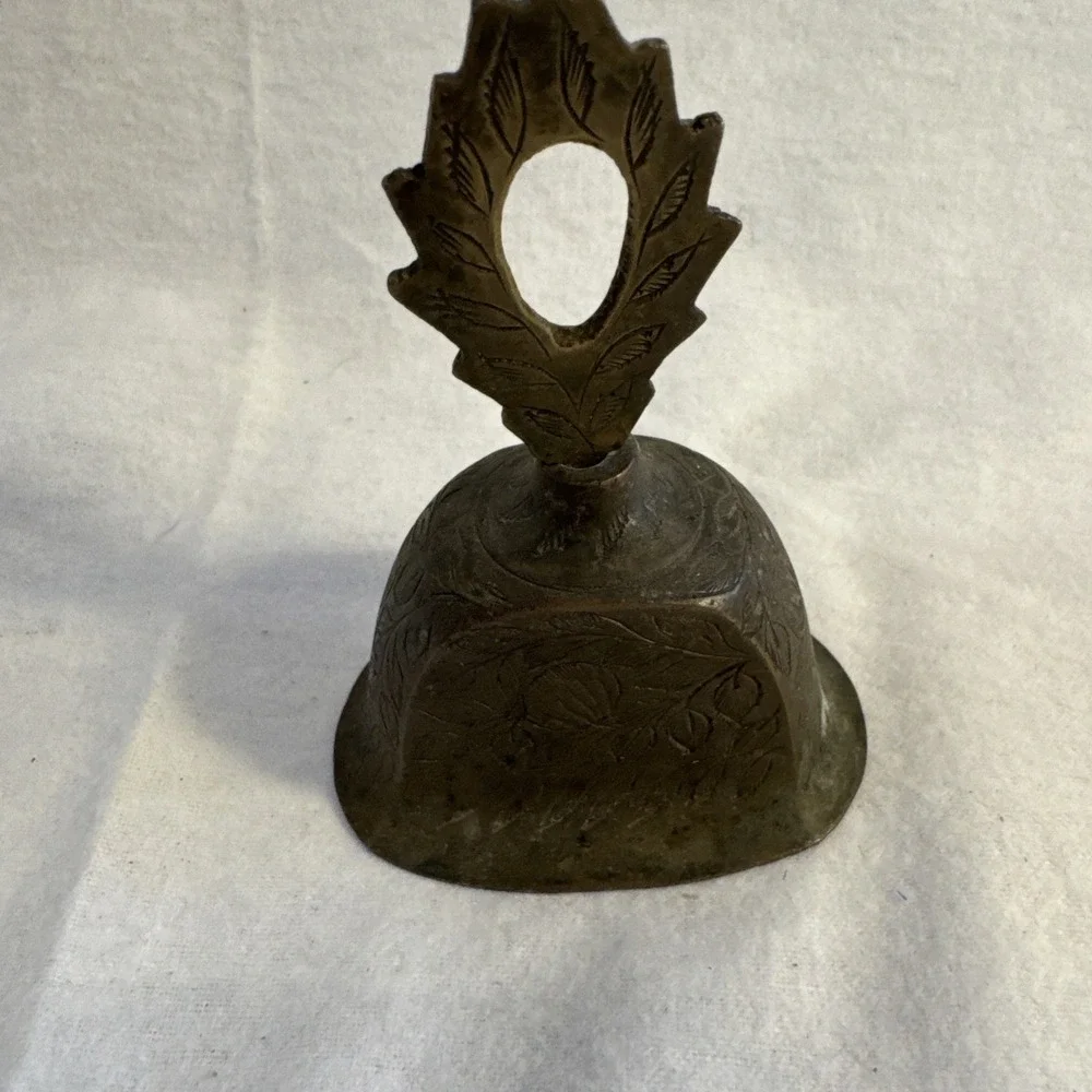 VTG Etched Brass Hand Bell - India - Floral Leaf Design - Boho Decor - 4